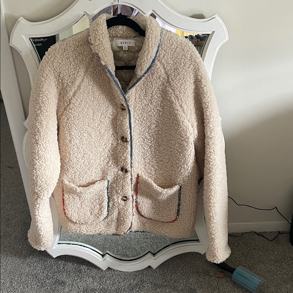 MARBLE Cream Teddy Jacket with Multicolor Trim
